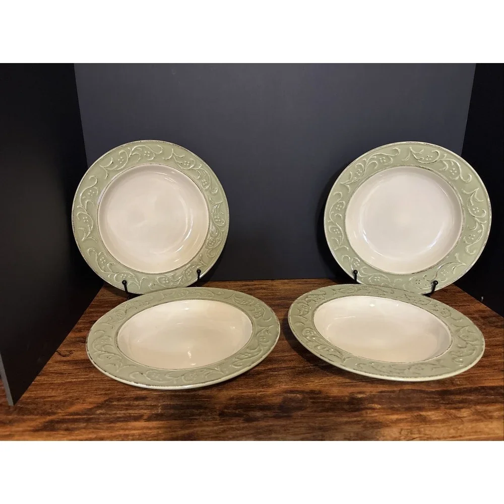 Set Of 4 Pier 1 Antique Floral‎ Rimmed Bowls Soup Salad Pasta Bowls Green 9